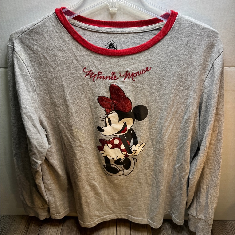 Disney store Women’s Minnie Mouse Glitter Bow Long Sleeve T-Shirt Gray Medium